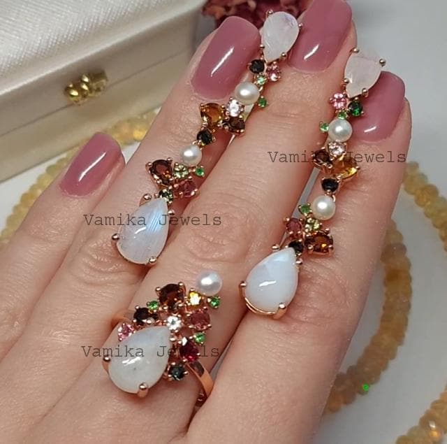 Natural Moonstone Tourmaline & Pearl Jewelry Set, Gold Plated Sterling Silver Ring Earrings