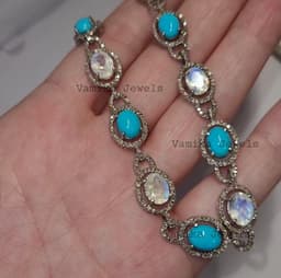 Natural Turquoise & Moonstone Necklace, Handmade Sterling Silver Diamond Halo Gemstone Jewelry thumbnail 7