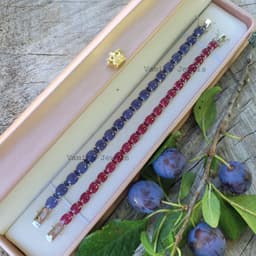 Natural Tanzanite & Ruby Tennis Bracelet, Sterling Silver Oval Cabochon Gemstone Jewelry thumbnail 1