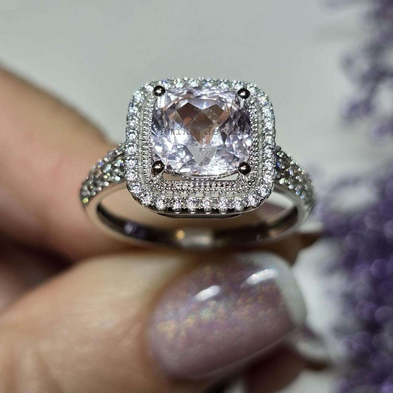 Natural Solitaire Kunzite & Diamond Cocktail Ring, 925 Sterling Silver Bridal Jewelry, Wedding Gift