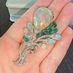 Natural Opal & Emerald Brooch Pin, 925 Sterling Silver Diamond Wedding Jewelry, Birthday Gift thumbnail 4