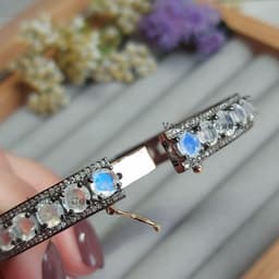 Moonstone Diamond Bangle, 925 Sterling Silver Eternity Bracelet thumbnail 2