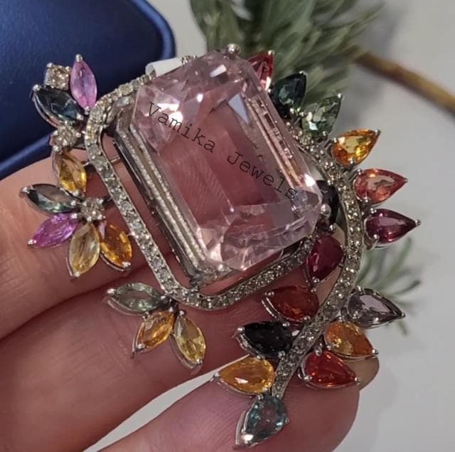 Vintage Floral Kunzite Brooch, Multi Sapphire Diamond Pin, Sterling Silver