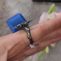 Emerald Flower Ring, Pave Diamond Halo, Sterling Silver Cocktail Ring thumbnail 2