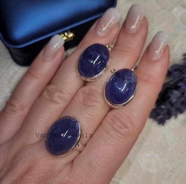 Natural Oval Tanzanite Jewelry Set, Sterling Silver Ring with Matching Leverback Earrings