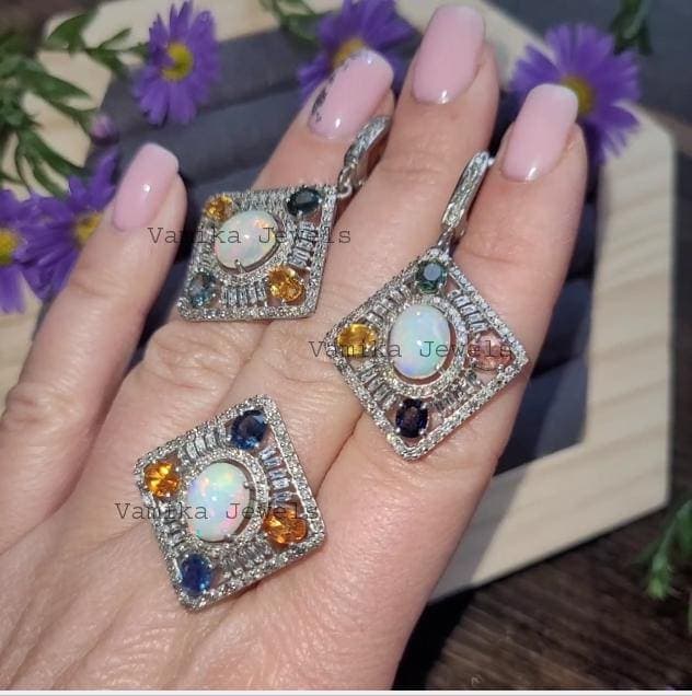 Natural Opal Diamond Ring & Earring Set, 925 Sterling Silver Rainbow Sapphire Wedding Jewelry
