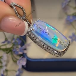 Natural Fire Opal Filigree Pendant, Handmade 925 Sterling Silver Jewelry with Pave Diamond Halo thumbnail 2