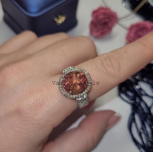 Tourmaline Diamond Halo Ring, 925 Sterling Silver, Handmade Engagement Ring
