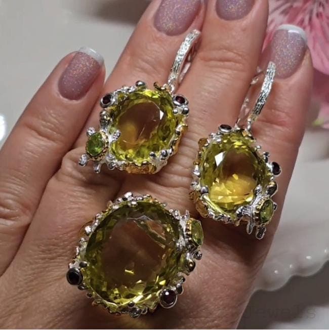 Natural Lemon Quartz Ring Earring Set, 925 Sterling Silver Garnet Peridot Jewelry, Anniversary Gift