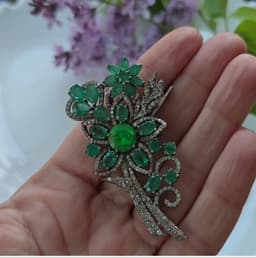 Green Opal Floral Brooch, Sterling Silver Emerald Diamond Pin thumbnail 10