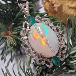 Natural Fire Opal Diamond Pendant, Emerald Halo, Sterling Silver thumbnail 5