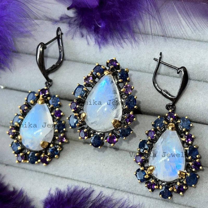 Natural Moonstone Sapphire Ring Earring Set – Gold Plated 925 Sterling Silver Amethyst Statement Jewelry