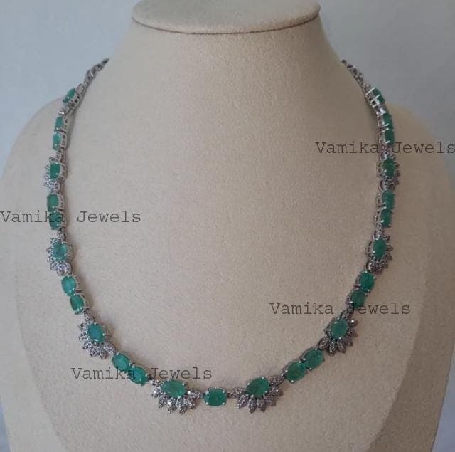 Natural Emerald Necklace – Sterling Silver Diamond Floral Jewelry