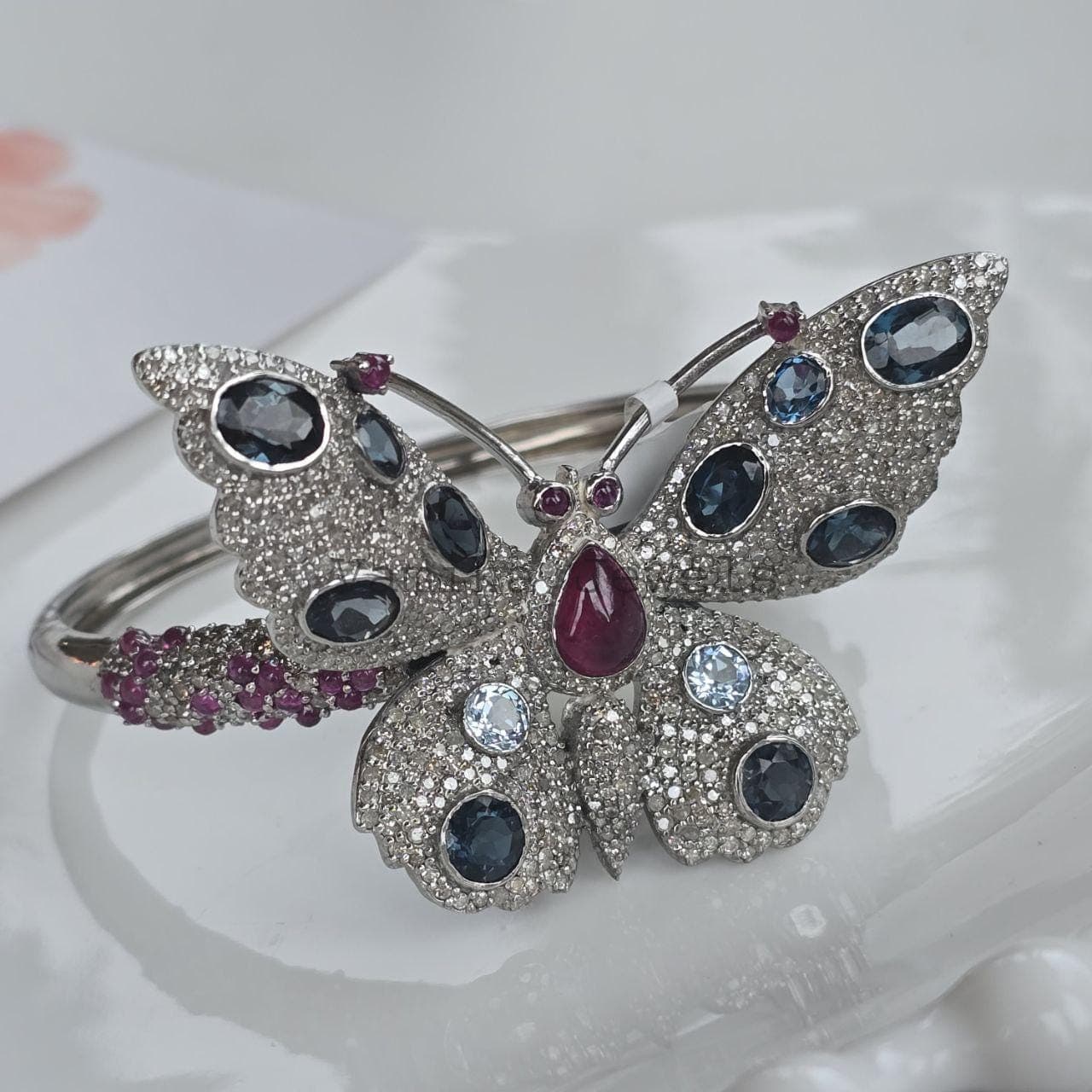 Natural Blue Topaz Ruby Butterfly Style Bangle, 925 Sterling Silver Diamond Jewelry, Birthday Gift