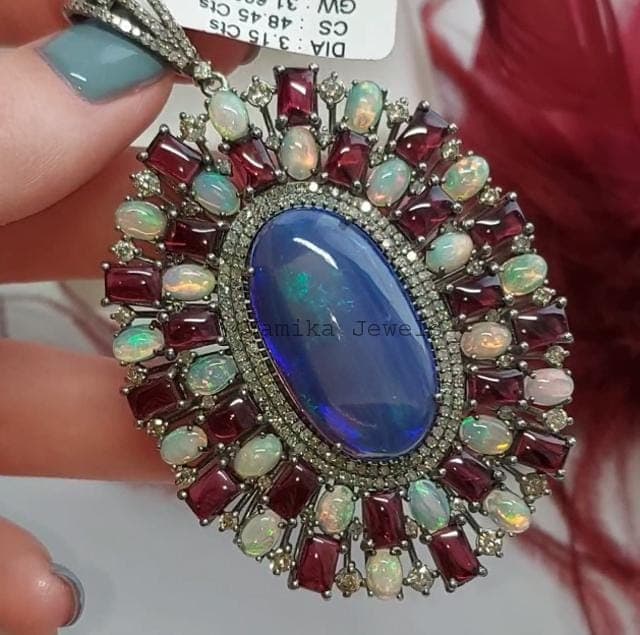 Blue Opal Diamond Pendant, Sterling Silver Tourmaline Halo