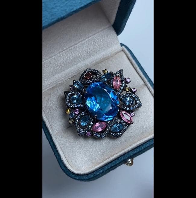 Natural Blue Topaz & Tourmaline Brooch Pendant, 925 Sterling Silver Sapphire Multi Stone Statement Jewelry