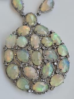 Natural Fire Opal Cluster Necklace - 925 Sterling Silver Pave Diamond Statement Jewelry thumbnail 4