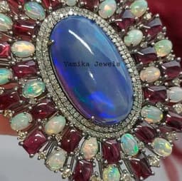 Blue Opal Diamond Pendant, Sterling Silver Tourmaline Halo thumbnail 8