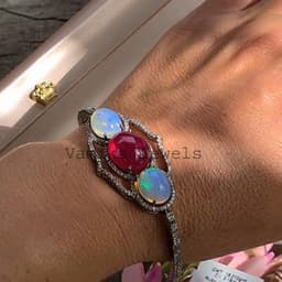 Natural Ruby & Fire Opal Bracelet, Sterling Silver Pave Diamond Multi Stone Cocktail Jewelry thumbnail 5