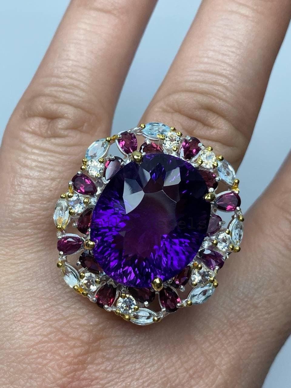 Natural Amethyst Blue Topaz Engagement Promise Ring, 925 Sterling Silver Rhodolite Jewelry for Women
