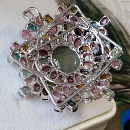 Natural Prehnite & Tourmaline Brooch Pendant, Sterling Silver Vintage Multi Gemstone Jewelry Pin thumbnail 7