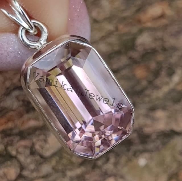 Natural Kunzite Pendant, Handmade Sterling Silver Emerald Cut Solitaire Jewelry