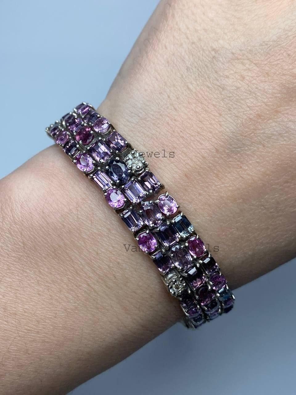 Natural Spinel & Diamond Tennis Bracelet, 925 Sterling Silver Statement Jewelry, Wedding Gift