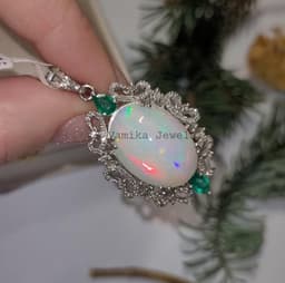 Natural Fire Opal Diamond Pendant, Emerald Halo, Sterling Silver thumbnail 2