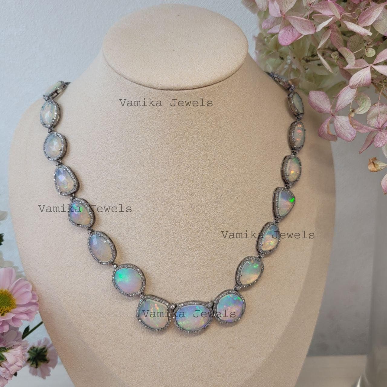 Natural Fire Opal & Diamond Necklace, Sterling Silver Bridal Wedding Jewelry, Elegant Statement Piece