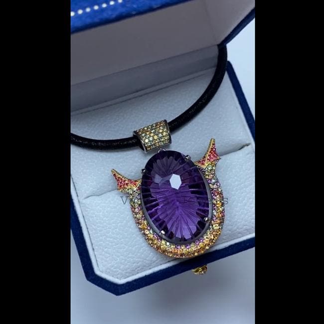 Natural Purple Amethyst Pendant, 925 Sterling Silver Rainbow Sapphire Multi Stone Cocktail Jewelry