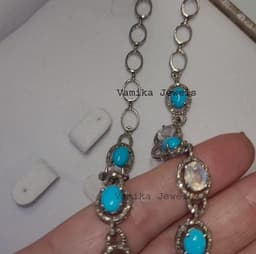 Natural Turquoise & Moonstone Necklace, Handmade Sterling Silver Diamond Halo Gemstone Jewelry thumbnail 4