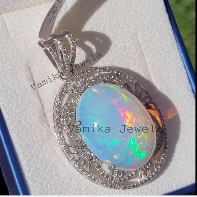 Natural Fire Opal & Diamond Pendant, Sterling Silver Halo October Birthstone Jewelry