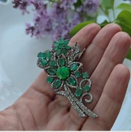 Green Opal Floral Brooch, Sterling Silver Emerald Diamond Pin thumbnail 7