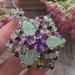 Sterling Silver Floral Brooch Pendant, Natural Prehnite Tourmaline & Amethyst Gemstone Jewelry thumbnail 6