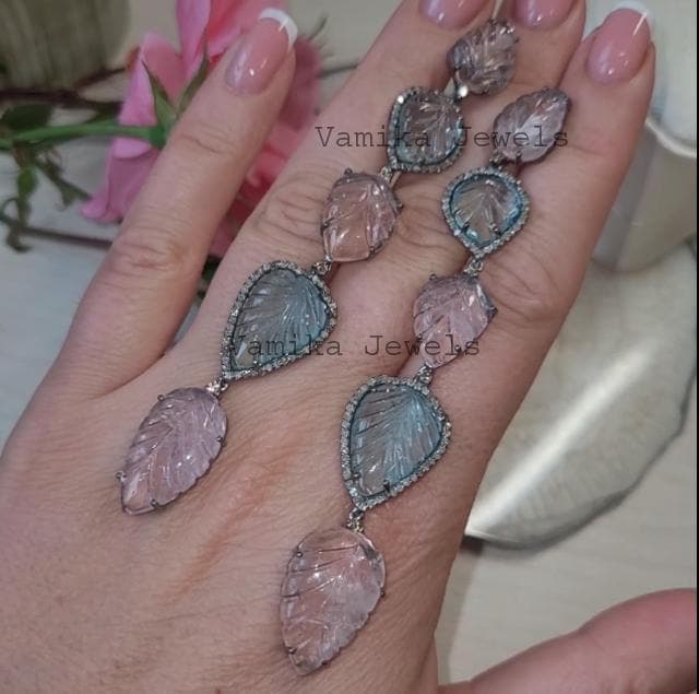 Hand-Carved Aquamarine & Morganite Leaf Earrings, Natural Diamond Halo Sterling Silver Jewelry