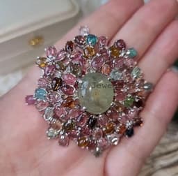 Natural Prehnite & Tourmaline Brooch Pendant, Sterling Silver Vintage Multi Gemstone Jewelry Pin thumbnail 3