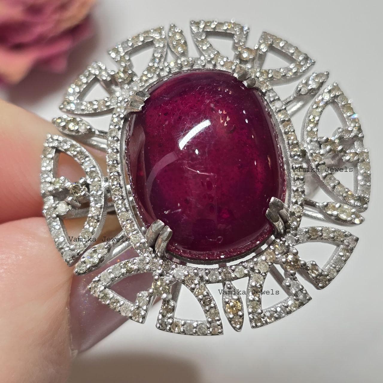 Natural Ruby Diamond Engagement Ring, 925 Sterling Silver Statement Jewelry For Women