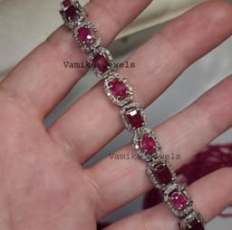 Natural Ruby & Pave Diamond Bracelet, Handmade 925 Sterling Silver Halo Gemstone Jewelry thumbnail 4