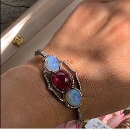Natural Ruby & Fire Opal Bracelet, Sterling Silver Pave Diamond Multi Stone Cocktail Jewelry thumbnail 3