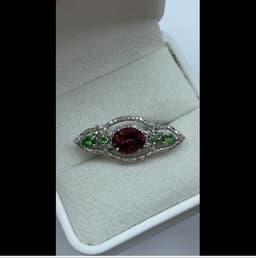 Natural Rubellite Tourmaline Brooch, 925 Sterling Silver Tsavorite Diamond Multi Stone Statement Jewelry thumbnail 4