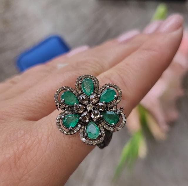 Emerald Flower Ring, Pave Diamond Halo, Sterling Silver Cocktail Ring