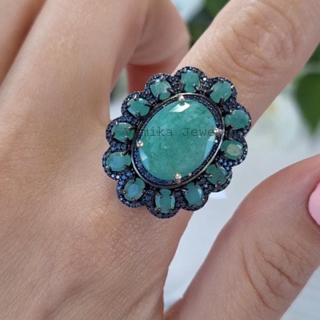 Natural Emerald Engagement Ring, 925 Sterling Silver Sapphire Jewelry, Wedding Anniversary Gift For Women