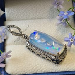 Natural Fire Opal Filigree Pendant, Handmade 925 Sterling Silver Jewelry with Pave Diamond Halo thumbnail 5