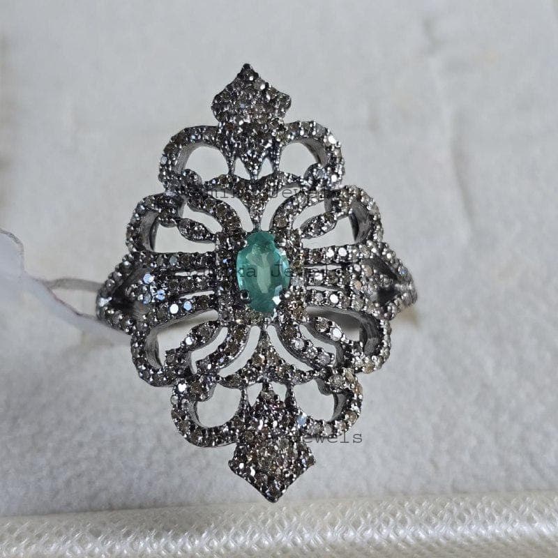 Natural Emerald Diamond Engagement Ring, 925 Sterling Silver Green Stone Jewelry, Gift for women