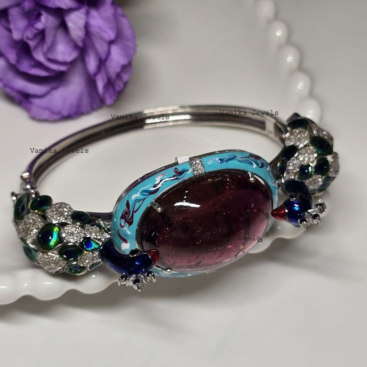 Natural Tourmaline & Diamond Bangle, 925 Sterling Silver Black Spinel Peacock Bracelet Jewelry For Women