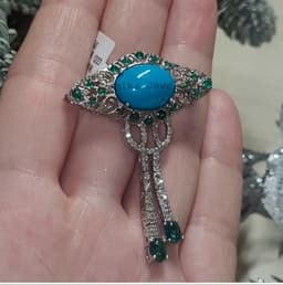 Natural Turquoise Brooch, 925 Sterling Silver Diamond Emerald Cluster Statement Jewelry thumbnail 3