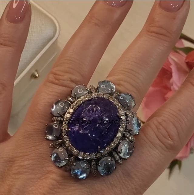 Natural Tanzanite & Blue Topaz Diamond Engagement Ring, 925 Sterling Silver Cocktail Jewelry, Anniversary Gift