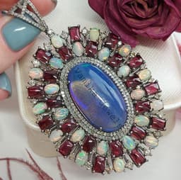 Blue Opal Diamond Pendant, Sterling Silver Tourmaline Halo thumbnail 2