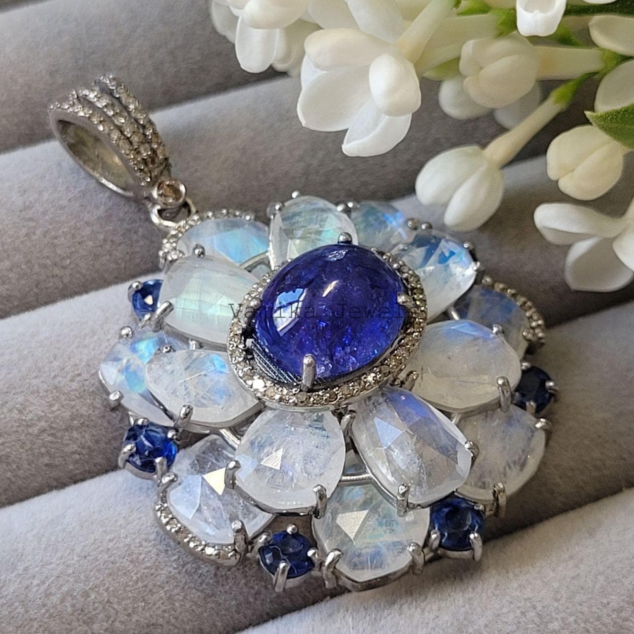 Natural Tanzanite Moonstone Pendant , 925 Sterling Silver Diamond Multi Stone Cluster Jewelry for Women