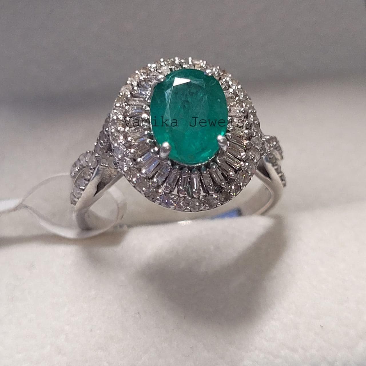 Emerald Solitaire Ring, Pave Diamond Sterling Silver, May Birthstone